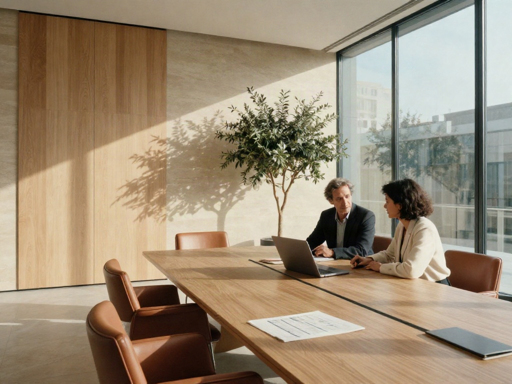Consultants considering business strategy in a sunlit modern boardroom